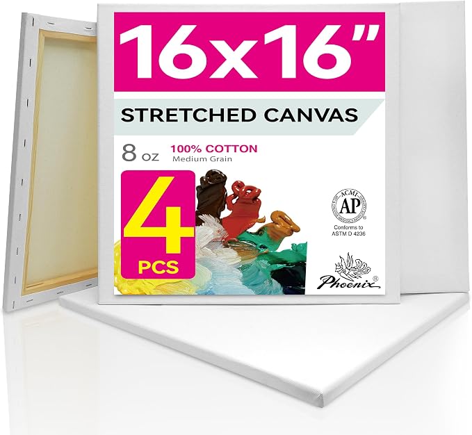 PHOENIX Stretched Canvas for Painting 16x16 Inch/4 Value Pack, 8 Oz Triple Primed 5/8 Inch Profile 100% Cotton White Blank Canvas, Square Framed Canvas for Oil Acrylic & Pouring Art