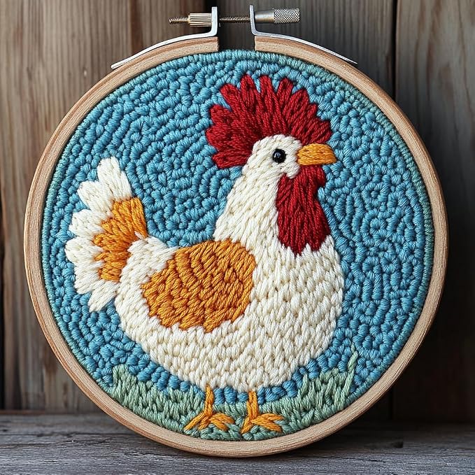 DIY Punch Needle Kits Cute Cartoon Rooster with Hoop 20x20cm-1 | with Pattern Stamped Easy for Beginners Embroidery Punch Needle Starter Craft Set for Adults Festival Gift and Decoration