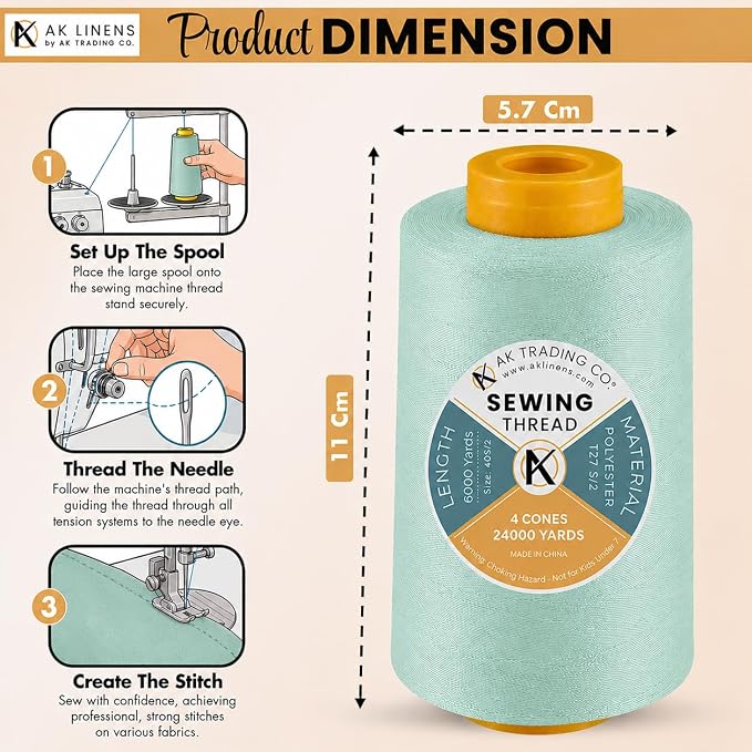 AK Trading 4-Pack Mint Green All Purpose Sewing Thread Cones (6000 Yards Each) of High Tensile Polyester Thread Spools for Sewing, Quilting, Serger Machines, Overlock, Merrow & Hand Embroidery