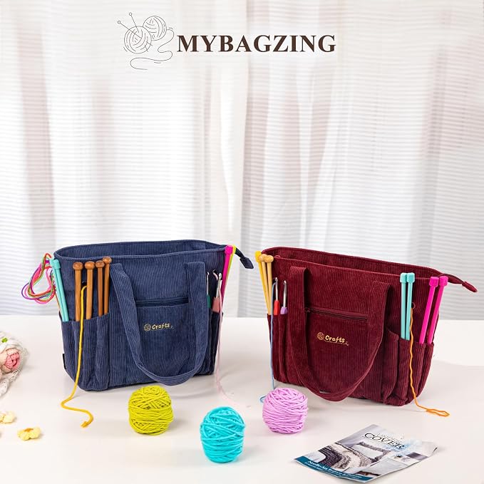 MYBAGZING Crochet Bag and Tote - Corduroy Yarn Bag - Yarn Holder for Crocheting - Crochet Storage Bag for Crochet Hooks, Crochet Accessories, Knitting Bag for Crochet Lovers, Mother's Day Gift