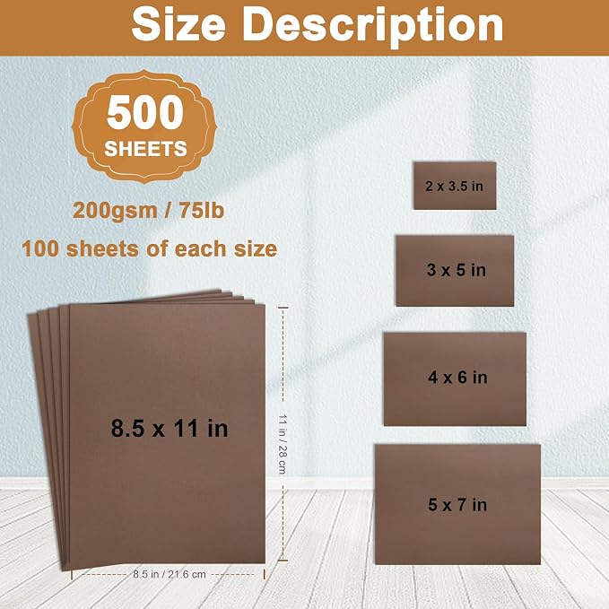 Silunkia 500 Sheets Coffee Color 5 Assorted Size Crafts Paper 75lb