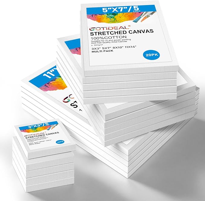 Gotideal Canvas for Painting, 20 Pcs Multi Pack Stretched Paint Canvas | Blank Painting Canvases for Acrylic,Oil,Art Supplies for Artists,Adults 3x3,5x7,8x10,11x14 5pcs of Each