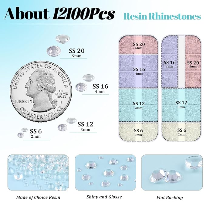 12100Pcs Resin Rhinestones for Crafting with 3Pcs 10ml B7000 Jewelry Glue, 2 Boxes Flatback Crystals Diamond (Transparent) for Bedazzling Crafts DIY Nail Art，Non Hotfix Gems for Clothing Shoes