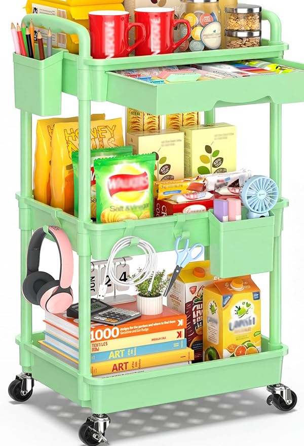SUNALLY 3 Tier Rolling Cart with Drawer, Craft Storage Cart Organizer,Green