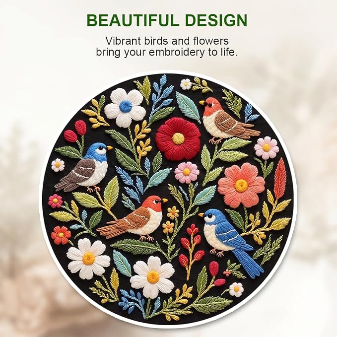 Bird Embroidery Kit for Beginners, Floral Hand Embroidery Starter Kit with 6 Inch Hoops, Pre-Printed Patterns Cloth, Needles, Threads & Accessories, DIY Embroidery Starter Kit for Women Craft Lovers