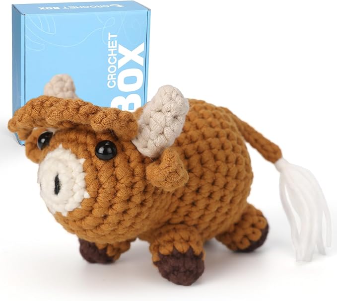 CrochetBox Crochet Kit for Beginners Adults - Highland Cow Starters Crochet Kit, Beginners Crocheting Kitting for Adults Teen, Craft Gifts with Crochets Yarns, Hook, Step-by-Step Video, Instruction