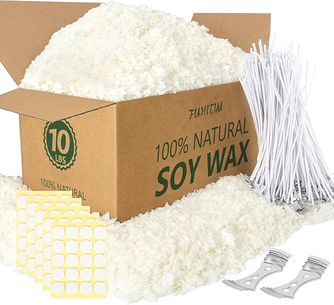 FUHITIM Soy Candle Wax for Candle Making 10 lbs Bag | Premium Natural Soy Wax Flakes, No additives and Pure, 100 Cotton Candle Wicks, 100 Wick Stickers, & 2 Centering Devices