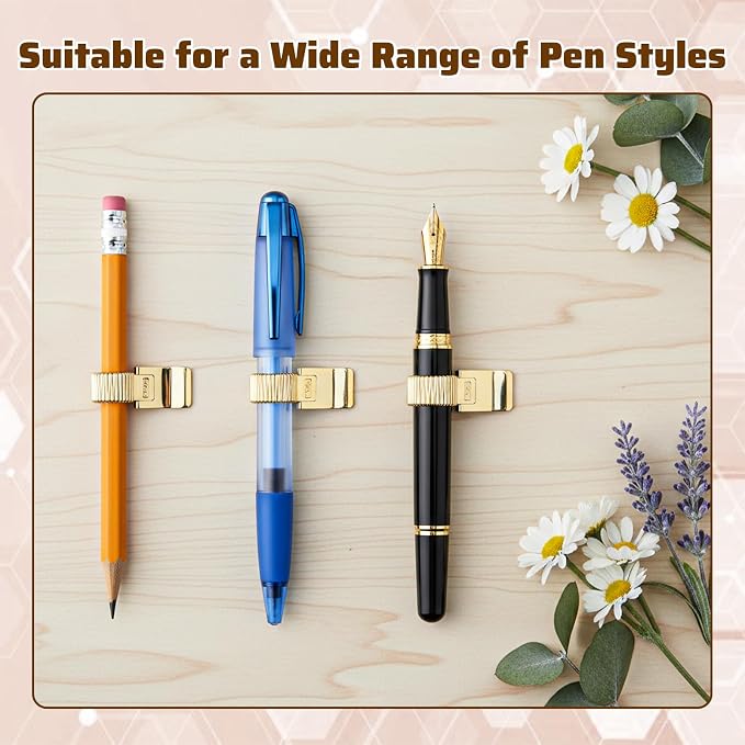 Grevosea 5Pcs Metal Pen Clip Holder, Portable Pen Holder Clips Adjustable Spring Loop Organizer for Notebook Clipboard Gold Tone