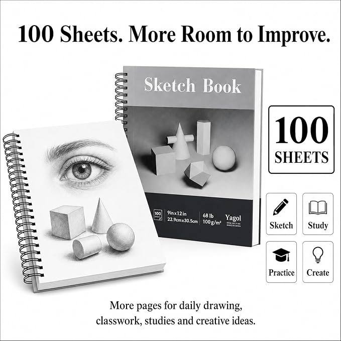 Yagol Sketch Book 9"x12", Spiral-Bound Sketchbook, 68lb/100gsm, 100 Sheets | Sketch Pads for Drawing for Adults, Students & Beginners; Acid-Free Drawing Paper for Art Class, School, Home & Daily Drawing
