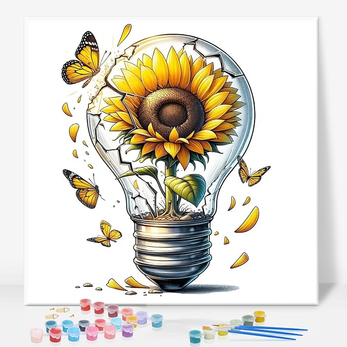 Framed Paint by Numbers Kit for Adults, Sunflower Light Bulb, 10 x 10 Inch | DIY Adult Paint by Number Kit for Beginners, Modern Wall Decor, Stress Relief Craft Gift, Creative Hobby