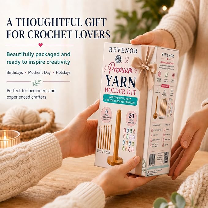 Revenor Yarn Holder for Crocheting, Crochet Yarn Holder Kit with 6 Bamboo Crochet Hooks & 20 Stitch Markers, Yarn Organizer & Yarn Storage Organizer, Crochet Kit for Beginners, Crochet Tools