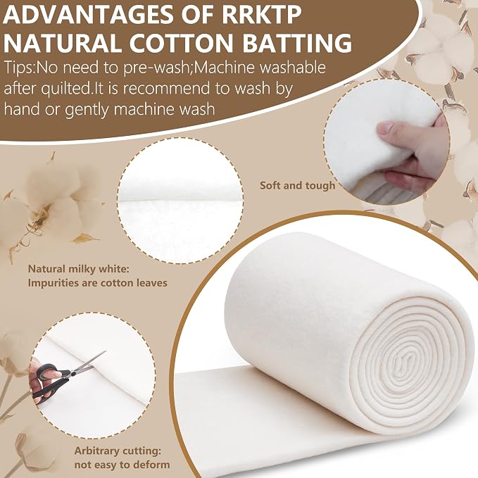 RRKTP Natural Cotton Batting for Quilting,48" x 5Yards Batting for Quilts, Microwave Safe for Bowl Cozies,Cotton Lightweight Lining for Potholders Quilting, Batting for Sewing Handmade Quilts&DIY