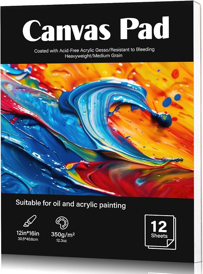12 Sheets Canvas Paper Pad 12 x 16 in, 350 GSM, Glue Bound | Canvas-Textured Paper; Single-Sided Glue Binding; for Acrylic, Oil, Gouache & Markers; Portable for Studio Or Travel