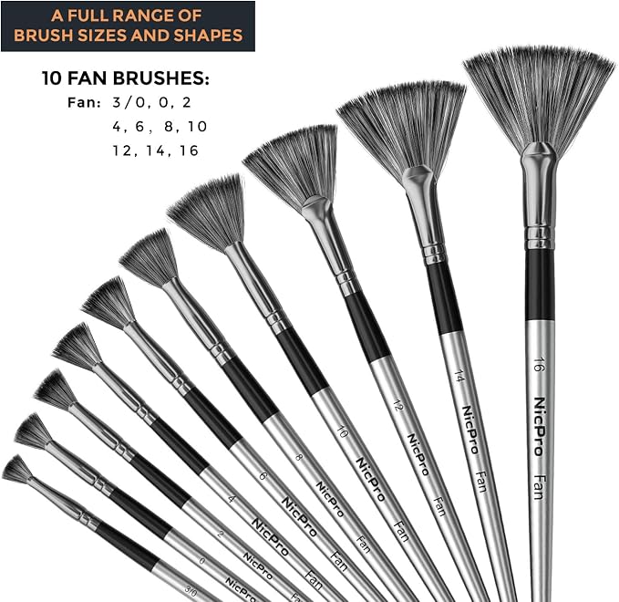 Nicpro Fan Paint Brushes 10 PCS Artist Painting Brush Set Soft Anti-Shedding Nylon Hair Wood Short Handle for Acrylic, Watercolor, Oil, Craft Painting