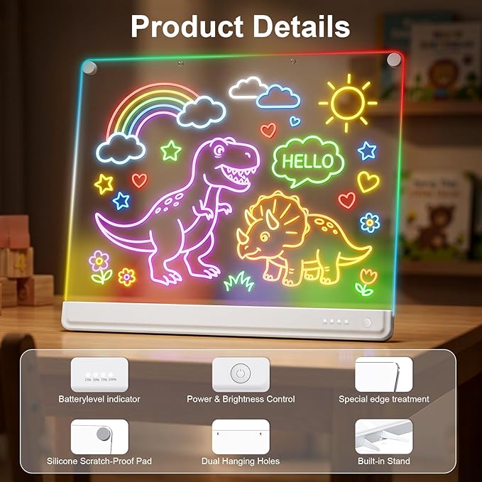19.7-Inch Rechargeable Doodle Glow LED Note Board,15-Color Light Effects,Neon Light Up Drawing Tablet Up Drawing Pad Dry Erase with Built-in Stand,Gift Toy for Kids/Girls/Teens,7 Markers Tracing Book
