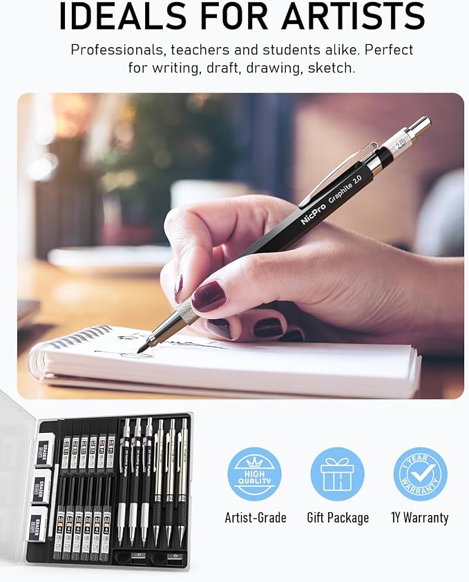 Nicpro 6PCS Art Mechanical Pencil Set | 3PCS Metal Drafting Pencil 0.5 mm & 0.7 mm & 0.9 mm & 3PCS 2mm Graphite Lead Holder (2B HB 2H) For Writing, Sketching Drawing