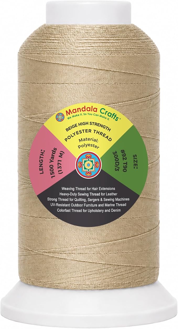 Mandala Crafts Beige Tex 90 Polyester Heavy Duty Thread for Upholstery | 1500 Yds T90 UV Resistant Strong Thread for Leather Sewing, Marine, Drapery, Jeans, Hair Weaving & Extension, Outdoor