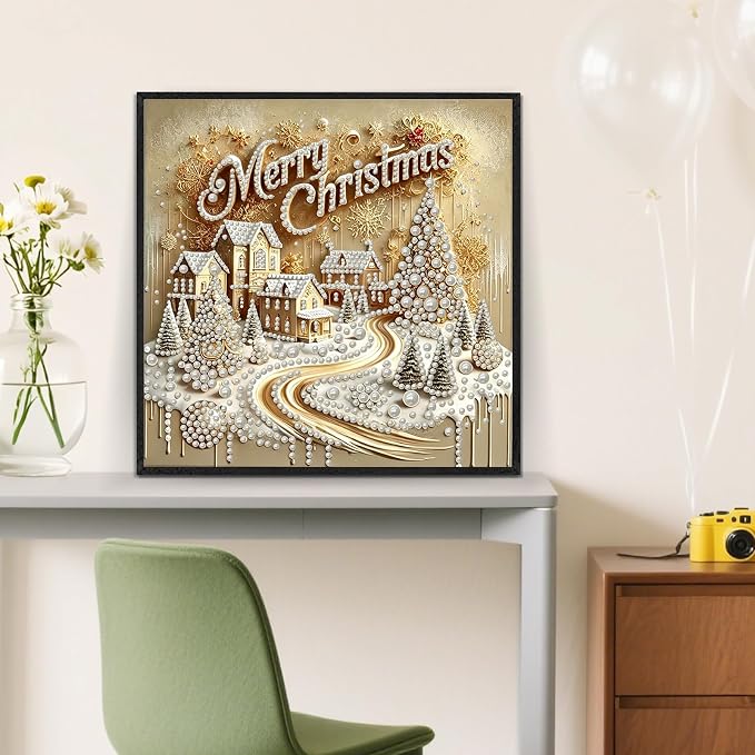 Merry Christmas Tree House Diamond Art Kits for Adults, 3D Special Shape Pearl Diamond Painting Kits for Adults Beginners, DIY Plastic Pearl Painting Gem Crafts for Home Wall Decor 11.8x11.8 Inch