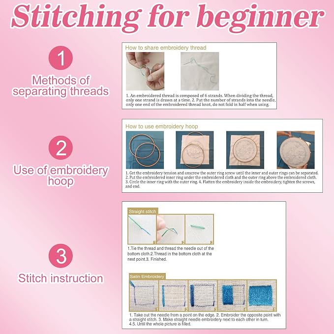 Mindsoft 3 Set Needlepoint Kit for Beginners with Hoop,Flower Hummingbird | Bamboo Hoop Thread Needles Instructions, Easy Hand Embroidery for Beginners Home Crafts,Pre-stamped Funny Cute Designs