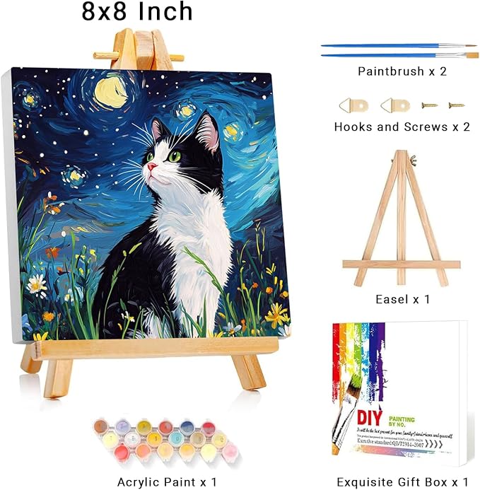 Framed Paint by Numbers Kit for Adults Beginner & Kids Ages 8-12 Cat Adult Paint by Number Kits on Canvas with Easel Starry Night Painting by Numbers for Adults with Frame DIY Painting Kits 8x8 Inch