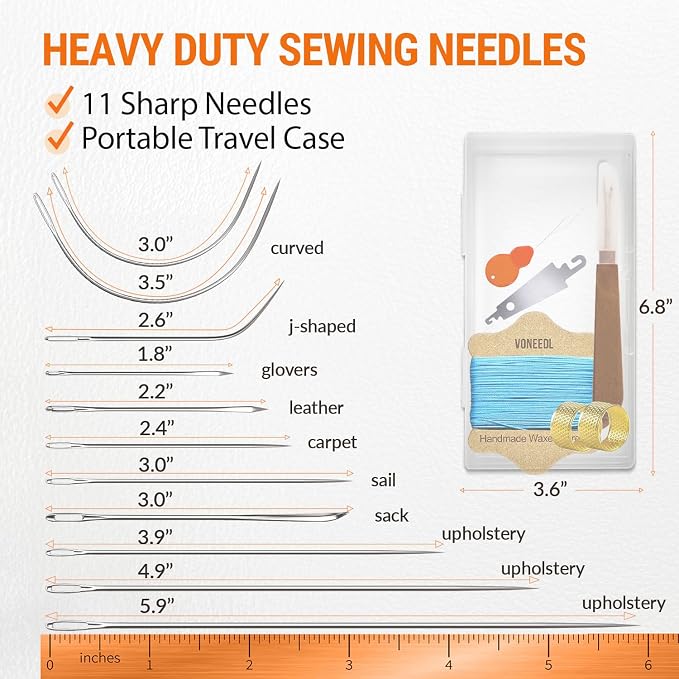 VONEEDL Upholstery Repair Kit: Waxed Sewing Thread (Light Blue Color) & Heavy Duty Needles (11 PCS) for Leather, Canvas & Quilting Thread