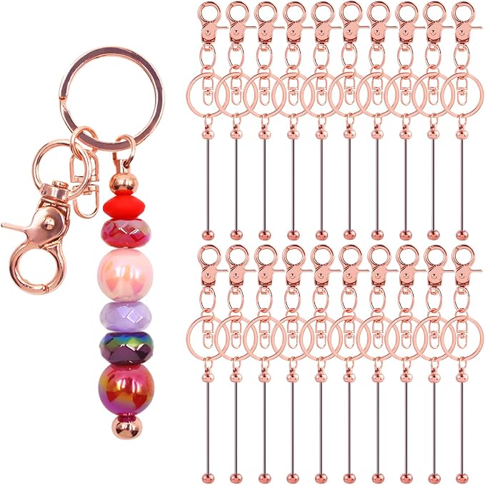 20 Pcs Beadable Keychains Bulk Kit – DIY Keychain Making Supplies with Metal Blanks for Crafts, Jewelry, Charms, Custom Projects – Blank Chain Bars for Beaded Keychain Design (Rose Gold)