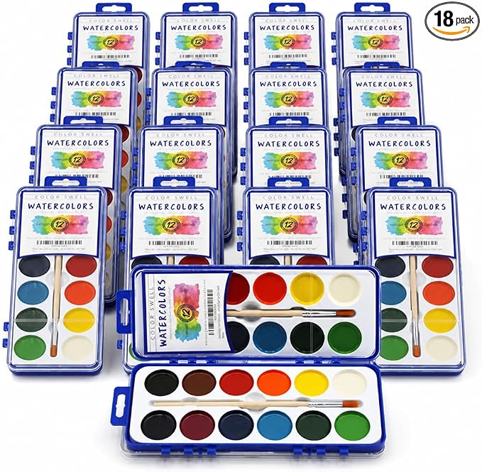 Color Swell 12 Color Bulk Watercolors with Wood Brushes, 18 Pack