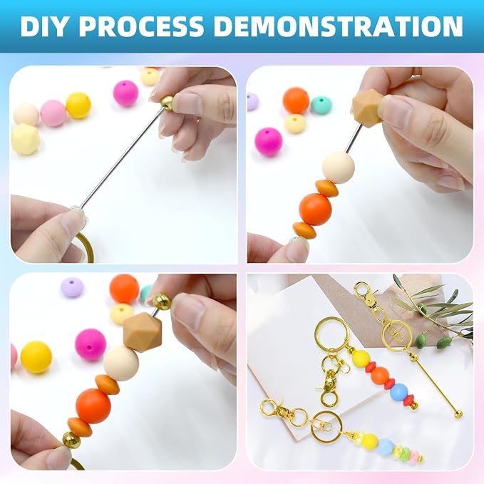 60 Pcs Beadable Keychains Bulk Kit – DIY Keychain Making Supplies with Metal Blanks for Crafts, Jewelry, Charms, Custom Projects – Blank Chain Bars for Beaded Keychain Design (Golden)