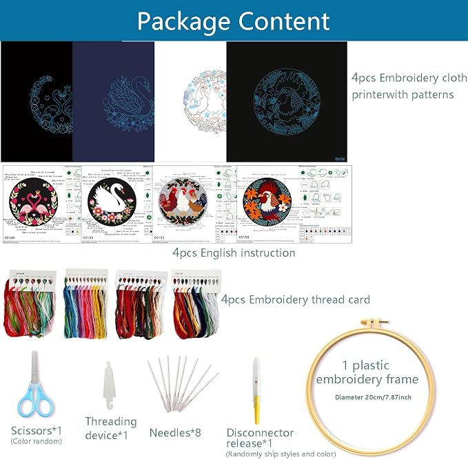 Zhenqing 4-Piece Bird Embroidery Kit for Beginners, Flamingo Swan Chicken Rooster Needlework Set with Pre-Printed Cotton Fabric, Hoop, Threads & Tools, Bird Lover Wall Decor (C0180)