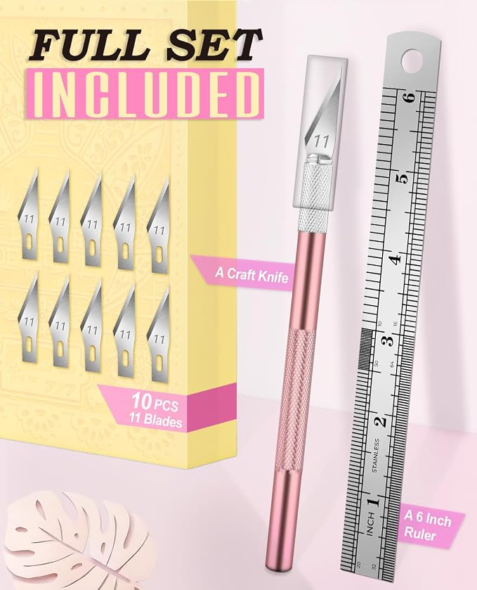 DIYSELF Exacto Knife Set with 10 Extra #11 Blades, 6-Inch Metal Ruler, Pink | Exacto Knife for Crafting, Art, Scrapbooking & Stencil Projects, Hobby Knife Set for Artists & Students