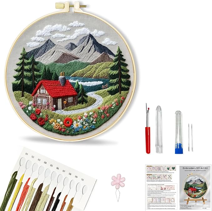 Huacan 1pc House Embroidery Kits for Beginners Mountains River Landscape Small Cross Stitch Kits Ideal for Crafting Art & Gifts