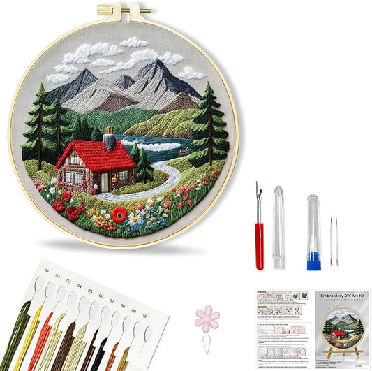 Huacan 1pc House Embroidery Kits for Beginners Mountains River Landscape Small Cross Stitch Kits Ideal for Crafting Art & Gifts