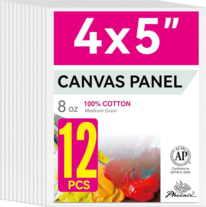 PHOENIX Small Painting Canvas Panels 4x5 Inch, 12 Value Pack - 8 Oz Triple Primed 100% Cotton Acid Free Canvas Boards for Painting, White Blank Flat Canvas Boards for Acrylic, Oil Paints