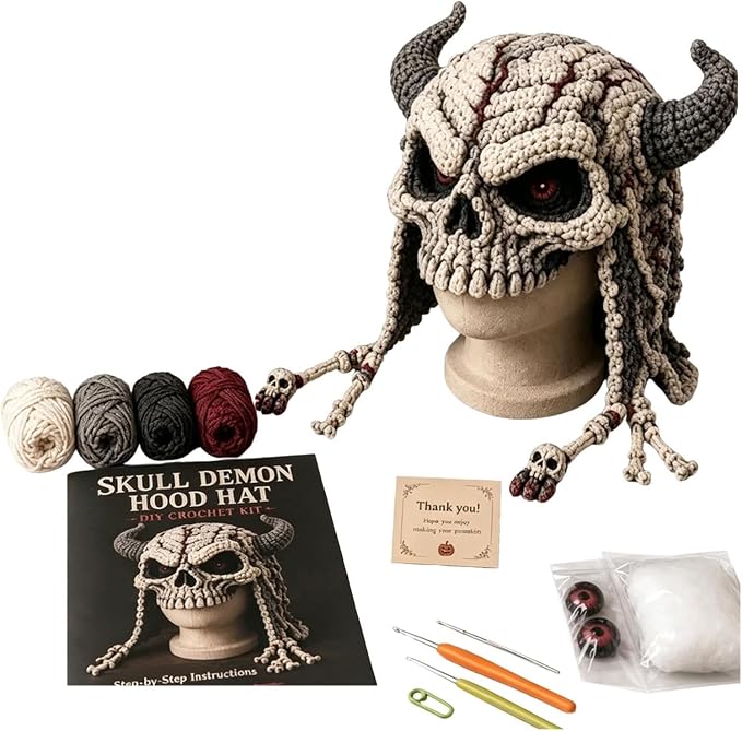 Halloween Hat DIY Crochet Kit, Fantasy Hood Hat DIY Crochet Kit, Skull
