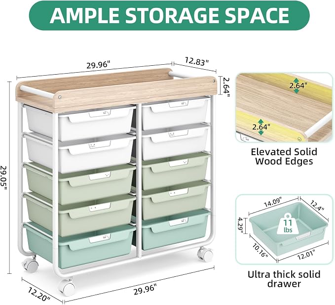 10 Drawer Rolling Storage Cart with Wood Top for Classroom Crafts Green | Easy Setup, Large Capacity, Sturdy Build, Lockable Mobility, For office, classroom and home supplies