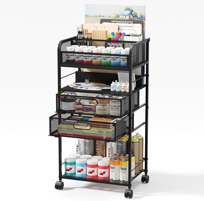 Homsorout Art cart, 5 Tier Rolling Cart - Utility Cart with Storage Drawer and Wheels, Versatile Art & Craft Organizer for Home, Office, or Studio Ideal for Storing Brushes, Paints （Black）