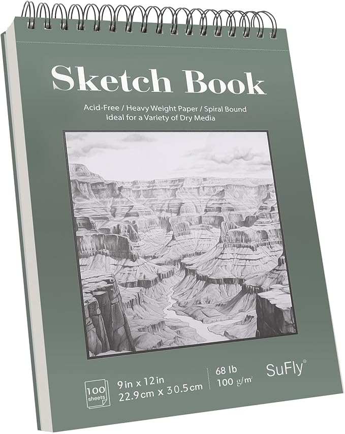 SuFly Sketch Book 9x12, 100-Sheet Drawing Paper Pad, 68lb/100gsm, Acid-Free | Top Spiral Sketchbook, Sketch Pads for Drawing, Art Supplies for Kids & Adults, Art Class Gift for Beginners, Artists & Teens