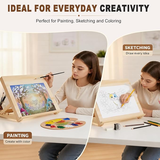 13.8"x11.4" Wooden Tabletop Easel with Paint & Sketch Papers, Masking Tape | Adjustable Art Easel Stand with 3 Angle Settings, Drawing Board for Canvas Painting, Sketching, Book Reading, Tablet Display