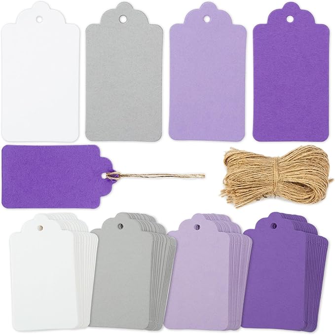 SallyFashion 170 PCS Gift Tags with String Attached, 1.8X3.4 inch | Multicolored Hanging Tags Purple Gray White, Wedding Birthday Holiday Party Favors