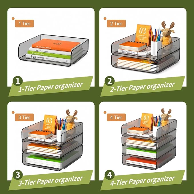 FANXIYQ 4-Tier Acrylic Paper Tray Organizer, Brown Office Paper Organizer