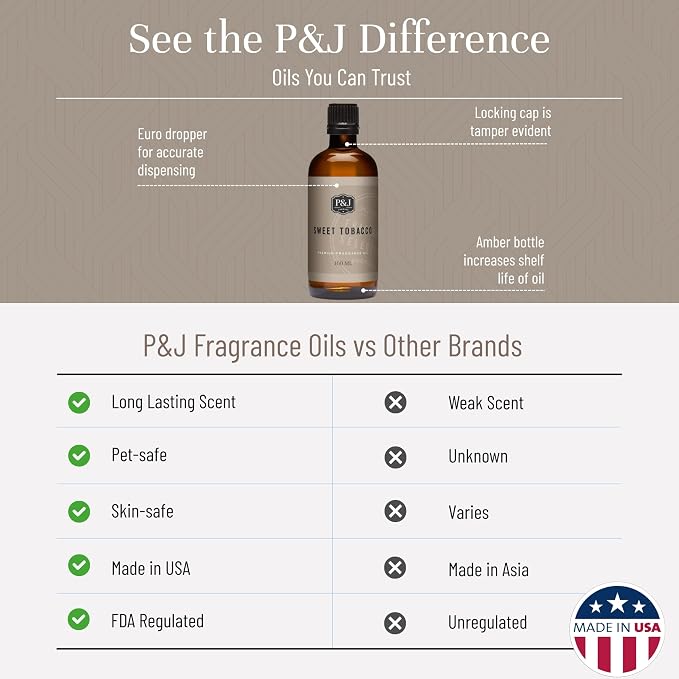 P&J Fragrance Oil Sweet Tobacco 100ml - Candle Scents, Soap Making, Diffuser Oil, Aromatherapy