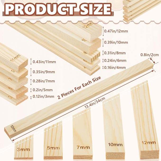 Sasylvia 20 Pcs Clay Pottery Rolling Pin Guides,10 Size,Wood Color | Wooden, Teaching Rolling Mud Stick Guide, Polymer Clay Depth Thickness Guide, Pottery Mudboard Tool