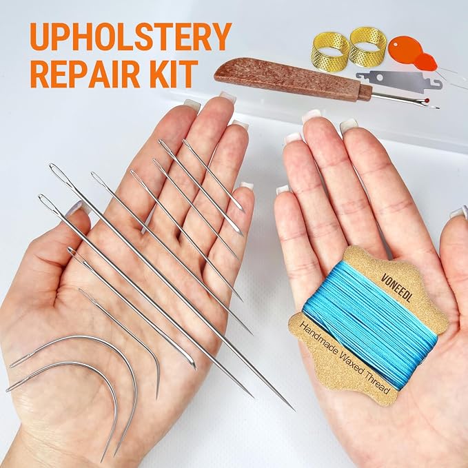VONEEDL Upholstery Repair Kit: Waxed Sewing Thread (Light Blue Color) & Heavy Duty Needles (11 PCS) for Leather, Canvas & Quilting Thread