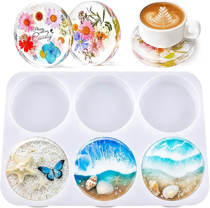 HeyClear Silicone Molds for Resin Coasters 6-Cavity Round Epoxy Resin Molds | for Crafts DIY Tray, Cup Coasters, Flower Bouquet Preservation, Resin Art, Home Decoration, Flexible, Easy to Clean & Demold
