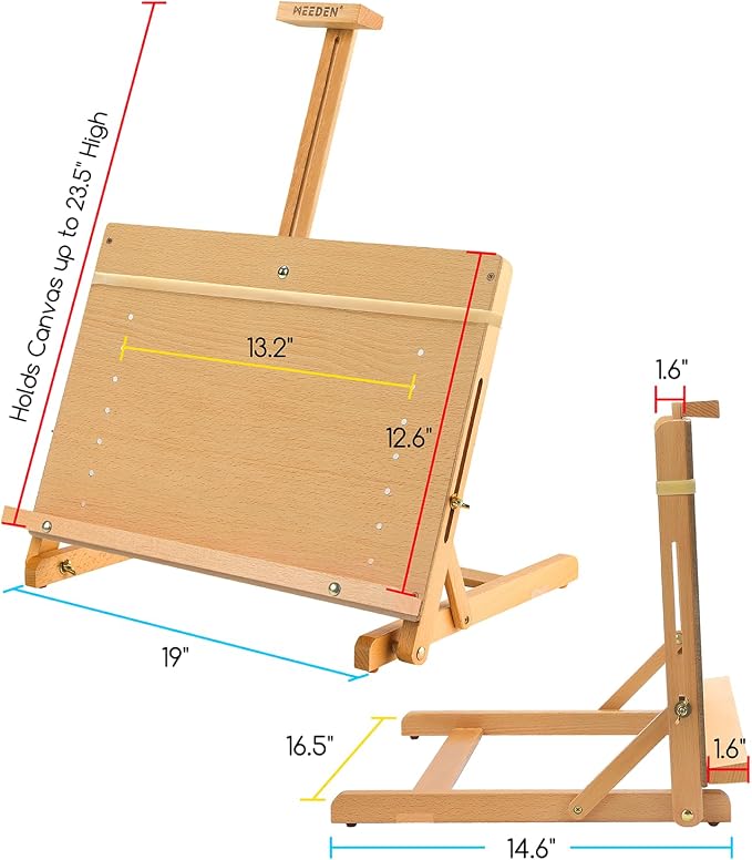 MEEDEN Large H-Frame Drawing Board Easel: Beech Wooden Tabletop Easel | Adjustable Artist Drawing & Sketching Board for Artists, Teens, Painters Holds Canvas up to 23" high