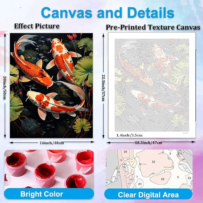 Artunion Koi Fish Paint by Numbers Kit for Adults,Fish Animals Paint by Number Kits, DIY Oil Painting Paint by Number Kits on Canvas Arts Craft for Home Wall Decor 16x20 Inch