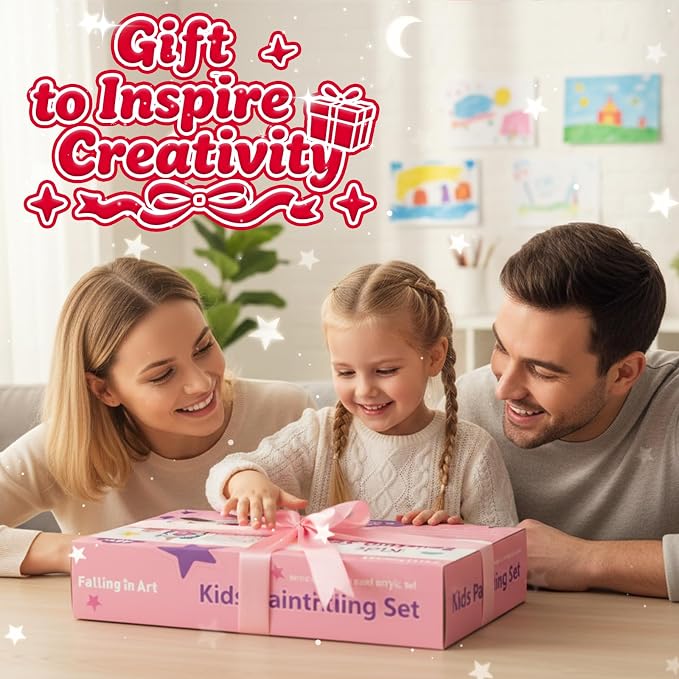Falling in Art Kids Tabletop Easel Set, Portable Art Easel Painting Kits | 52 Pcs Wooden Easel for Painting Canvases, Including 12 Colors Acrylic Paints, 10 Paintbrushes and 4 Canvas Panels, Pink