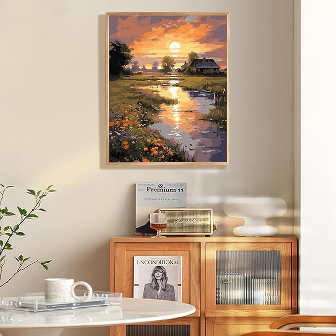 Paint by Numbers Kit for Adults Beginner 16x20 Inch, Countryside Sunset | DIY Acrylic Painting by Numbers Riverside Cabin Landscape, Without Frame Canvas, Stress Relief Craft Kits, Home Decor Gift