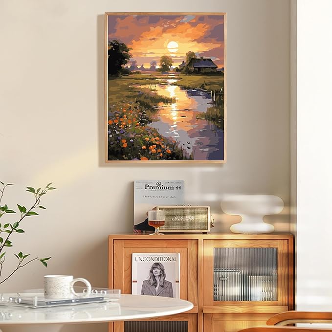 Sunset Paint by Numbers Kit for Adults Beginner 16x20 Inch, Countryside | With Rolled Canvas, DIY Acrylic Painting by Numbers Riverside Cabin Landscape, Stress Relief Craft Kits, For Home Decor Gift