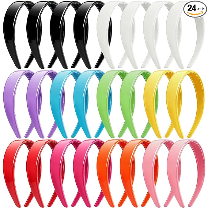 VOKOY 24 PCS Plastic Headbands, 1 Inch Wide No Teeth Hair Bands for Girls & Women, Blank DIY Plain Headbands for Crafts, Multicolor